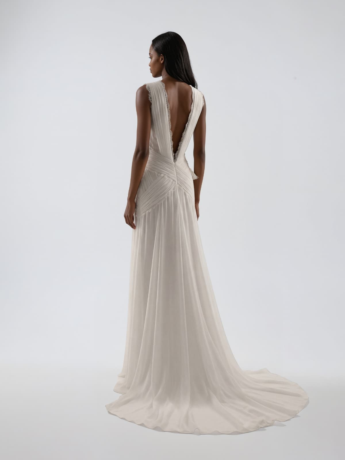 Lynoxa Plunge Neck Lace Ruched Maxi Dress