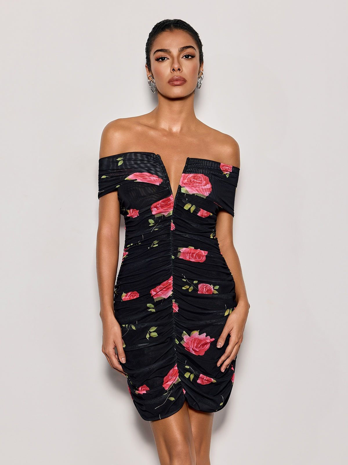Lynvorae Off Shoulder Floral Ruched Mini Dress