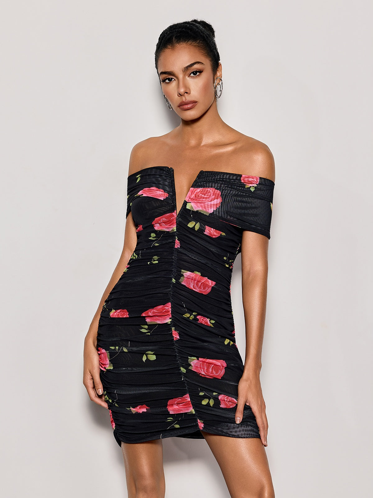 Lynvorae Off Shoulder Floral Ruched Mini Dress
