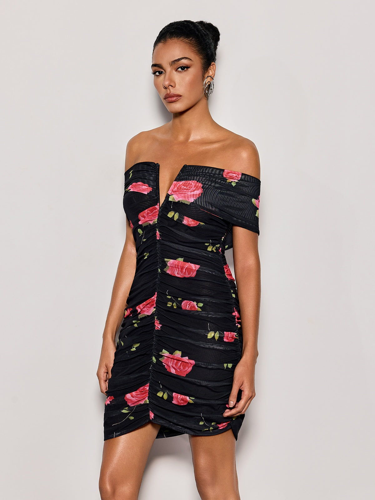 Lynvorae Off Shoulder Floral Ruched Mini Dress