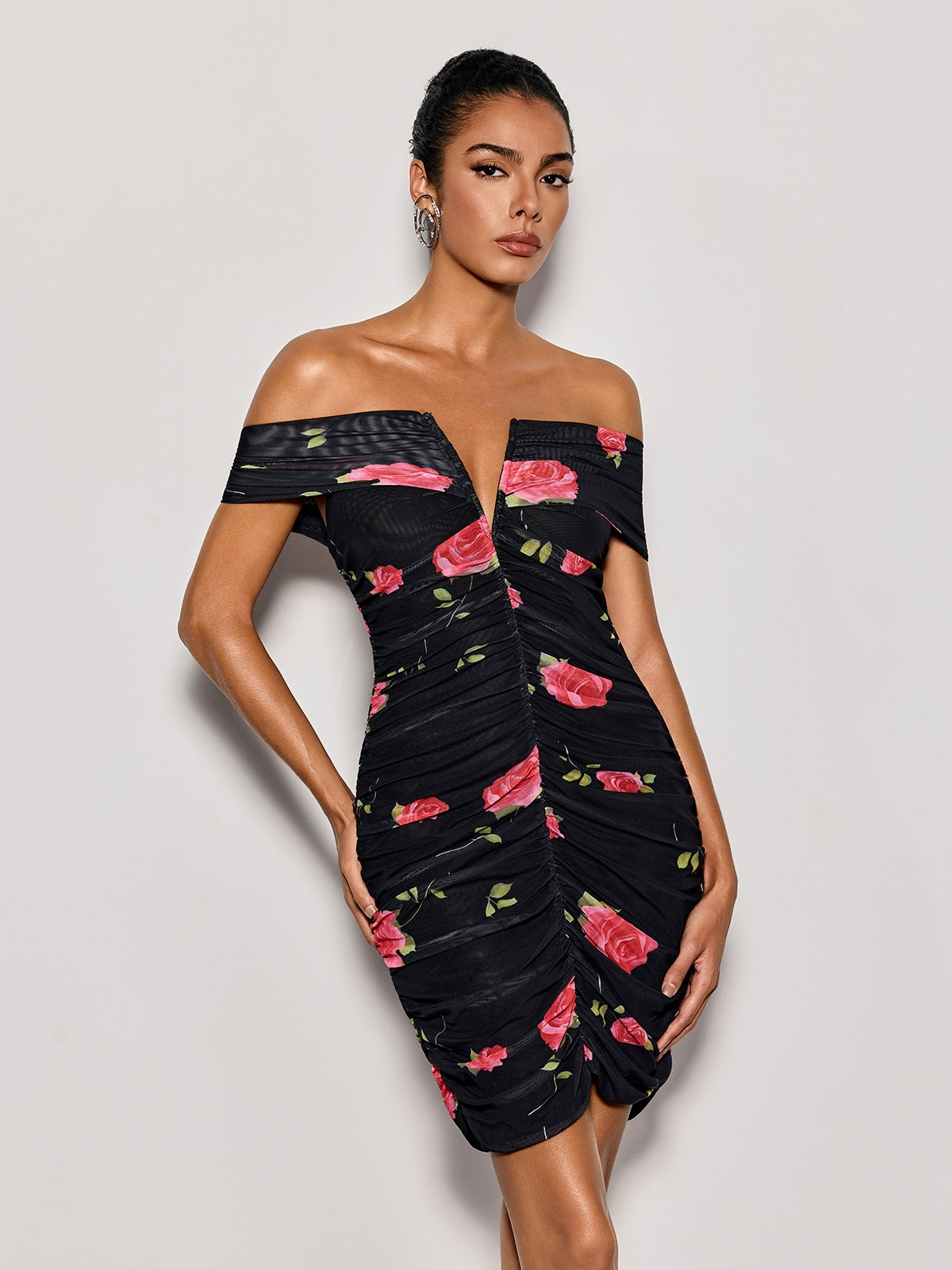Lynvorae Off Shoulder Floral Ruched Mini Dress