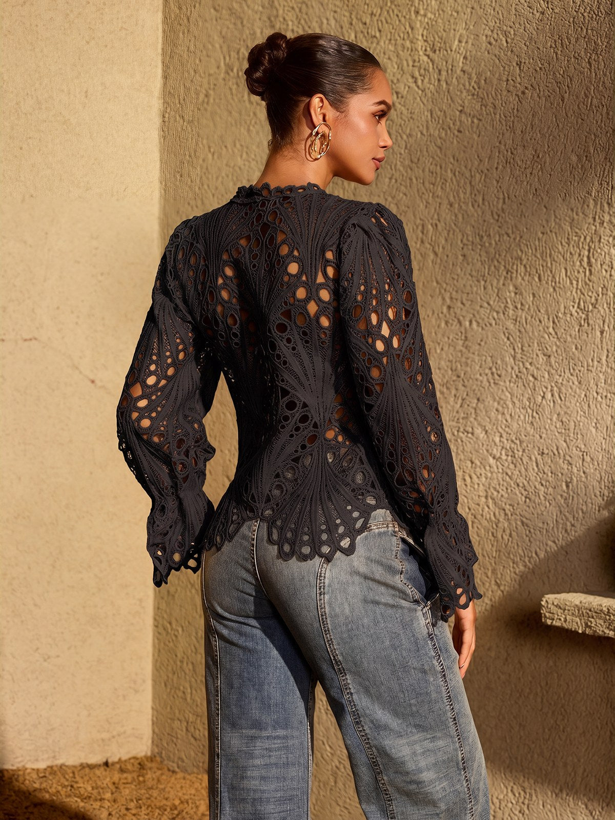 Lysendral Long Sleeve Crochet Top In Black