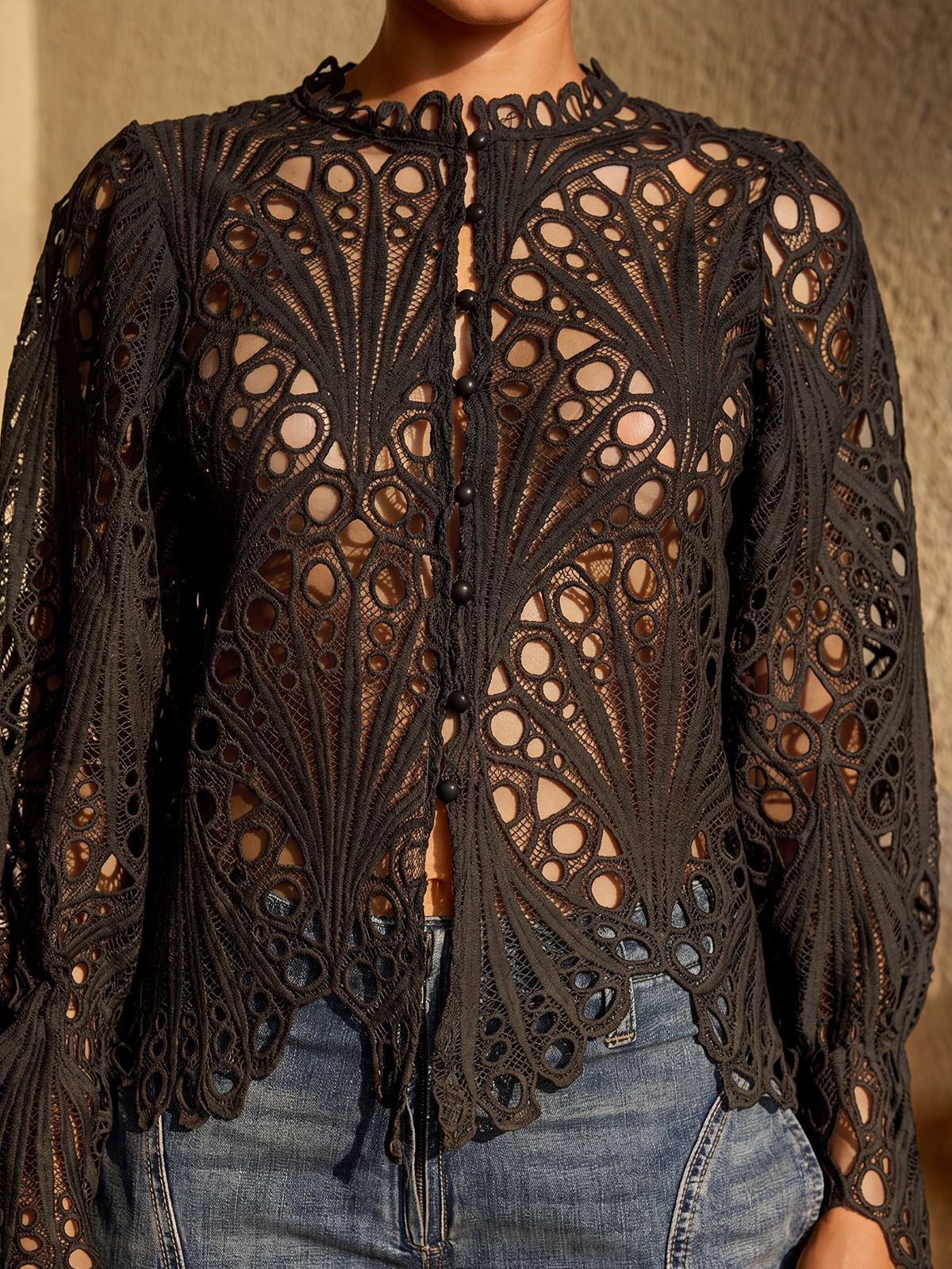 Lysendral Long Sleeve Crochet Top In Black