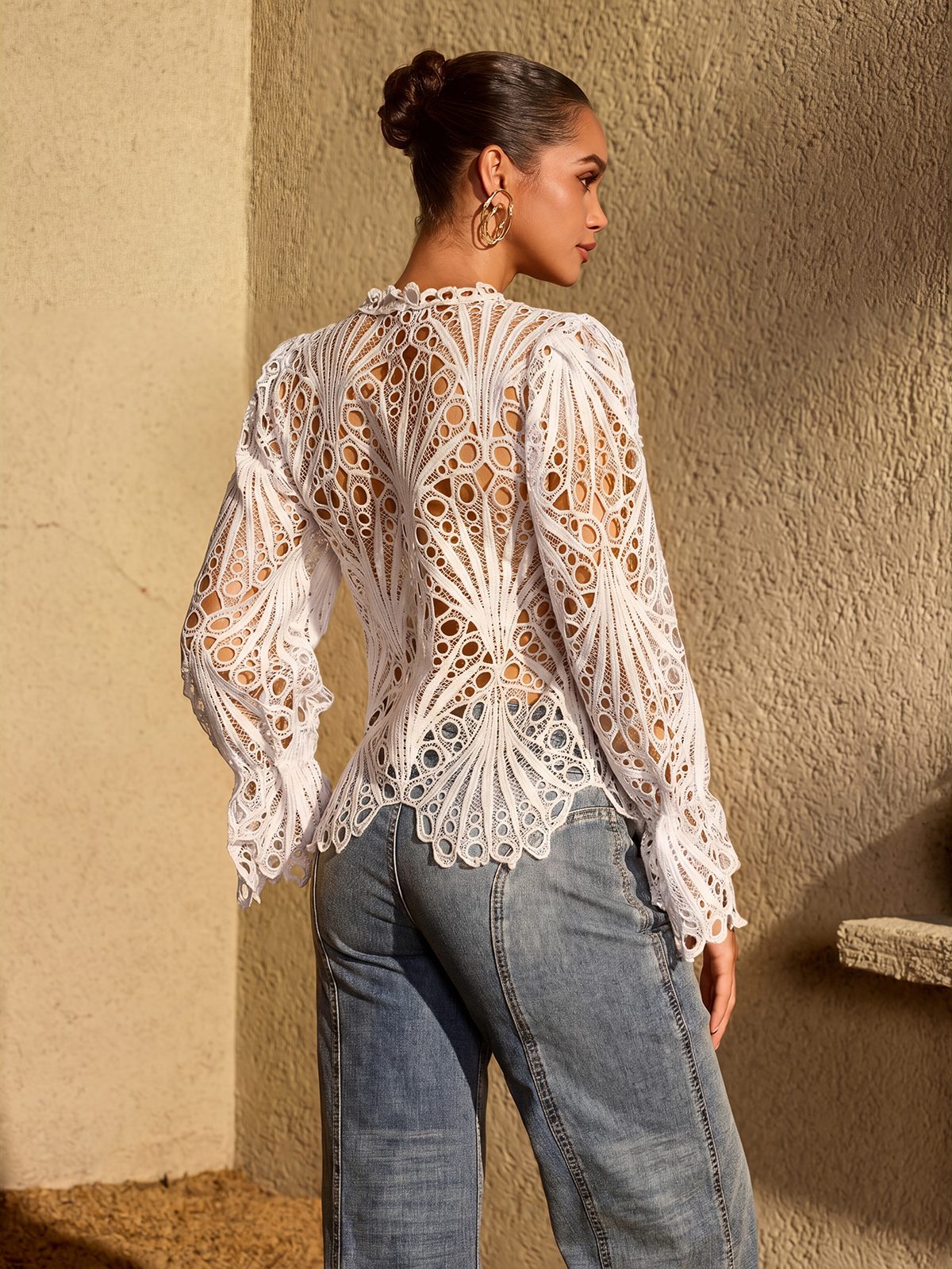 Lysendral Long Sleeve Crochet Top In White
