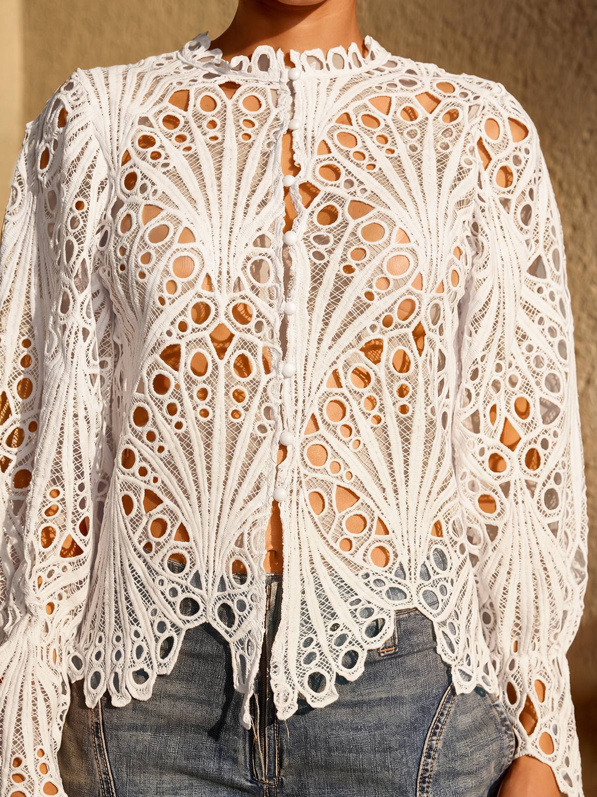 Lysendral Long Sleeve Crochet Top In White