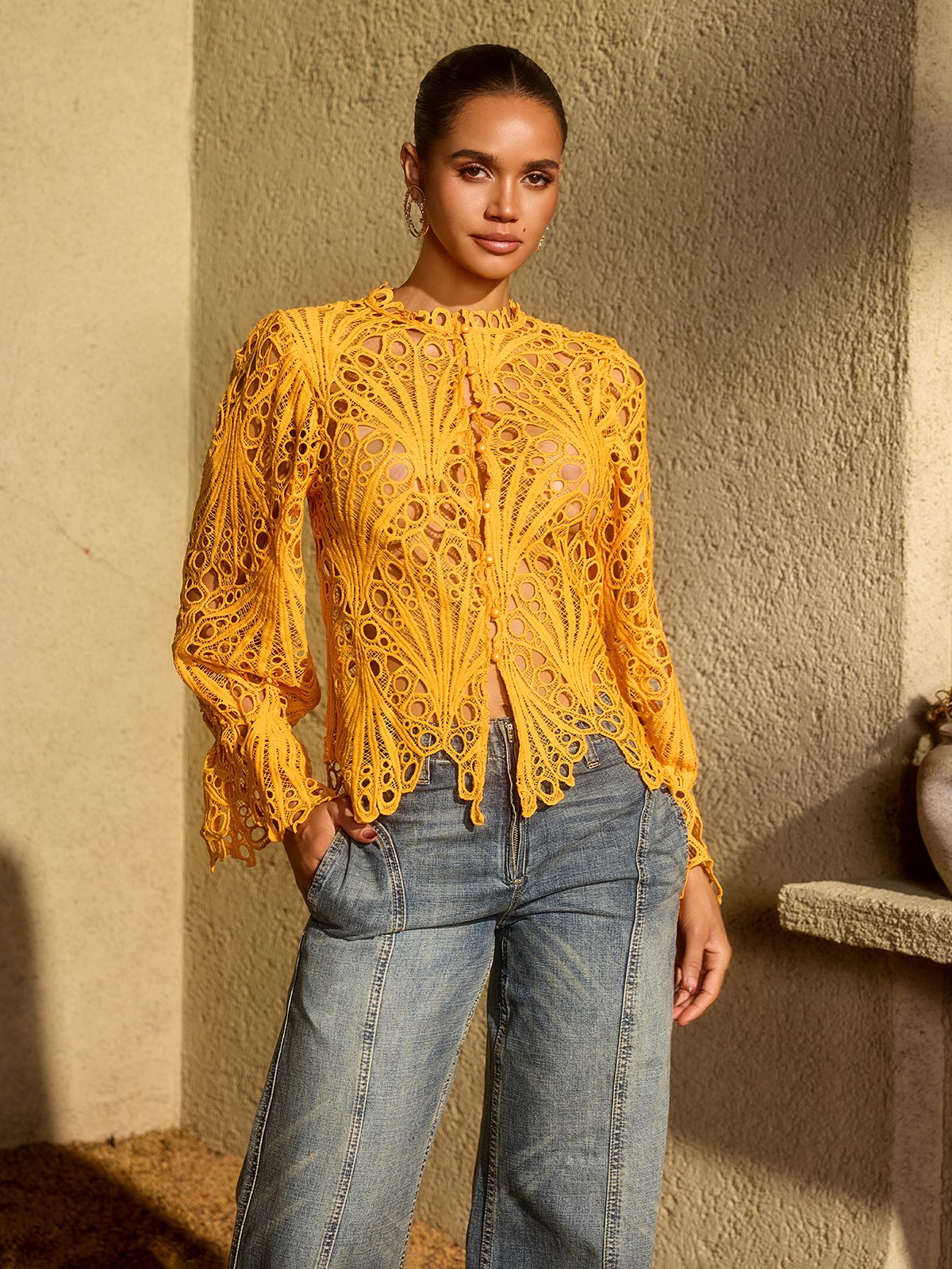 Lysendral Long Sleeve Crochet Top In Yellow