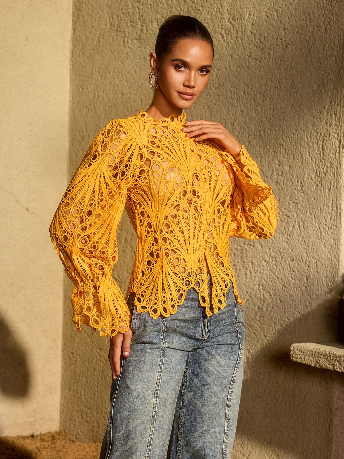 Lysendral Long Sleeve Crochet Top In Yellow