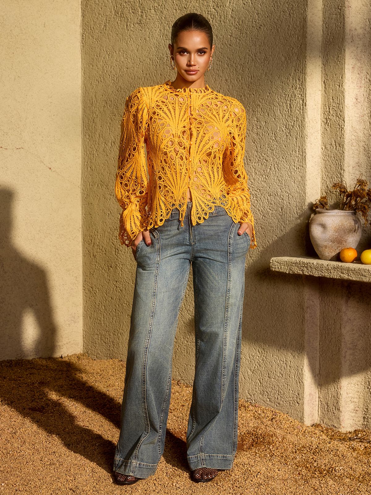 Lysendral Long Sleeve Crochet Top In Yellow