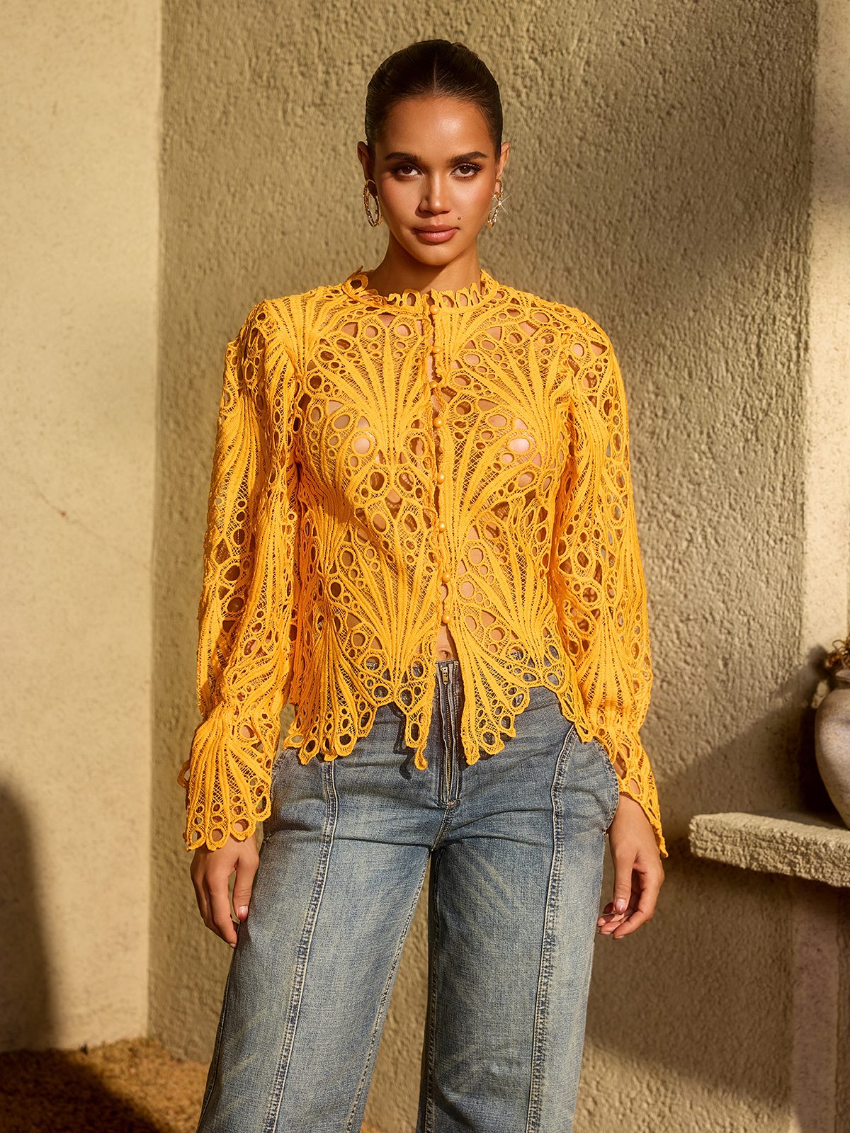 Lysendral Long Sleeve Crochet Top In Yellow