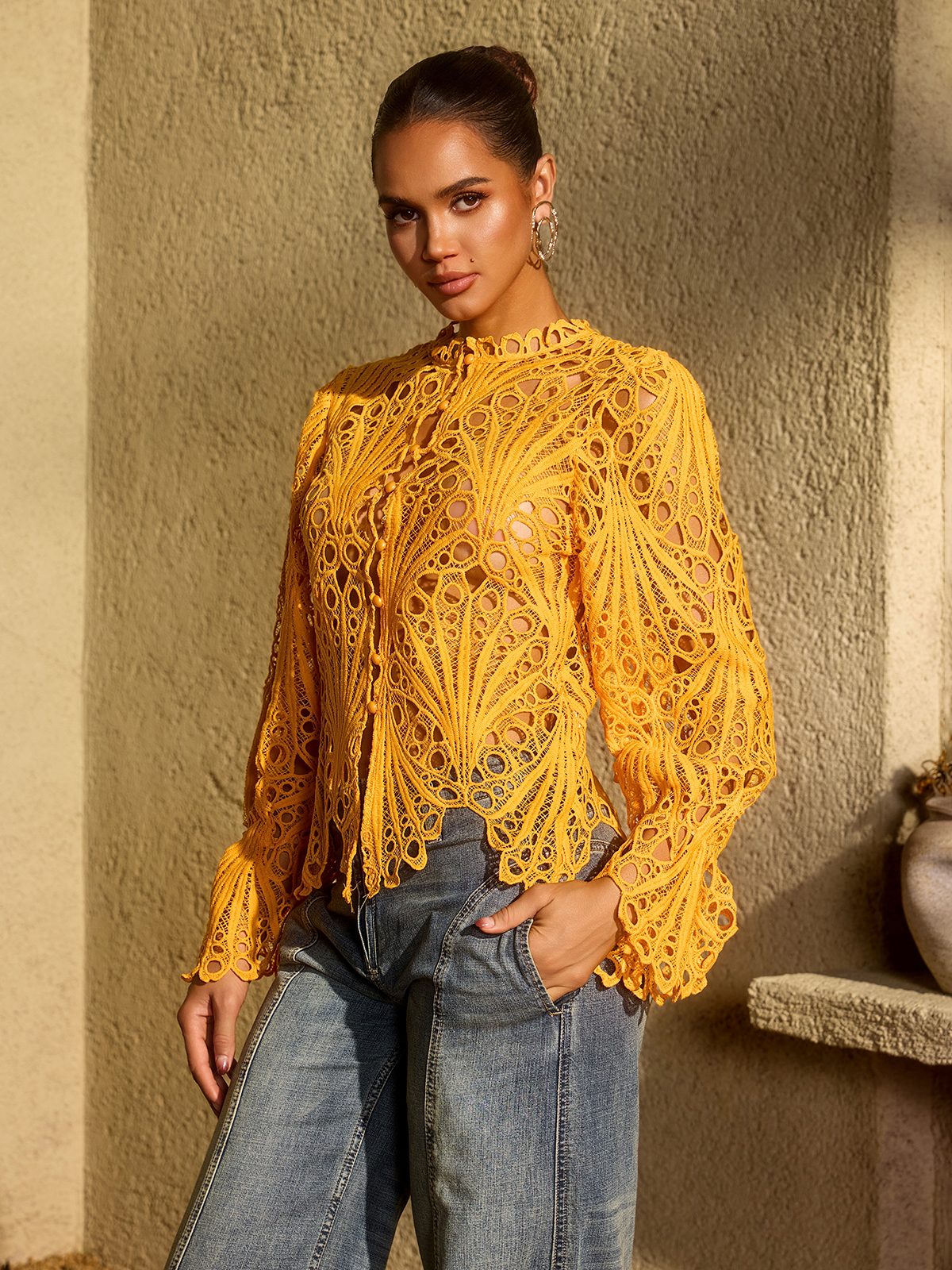 Lysendral Long Sleeve Crochet Top In Yellow