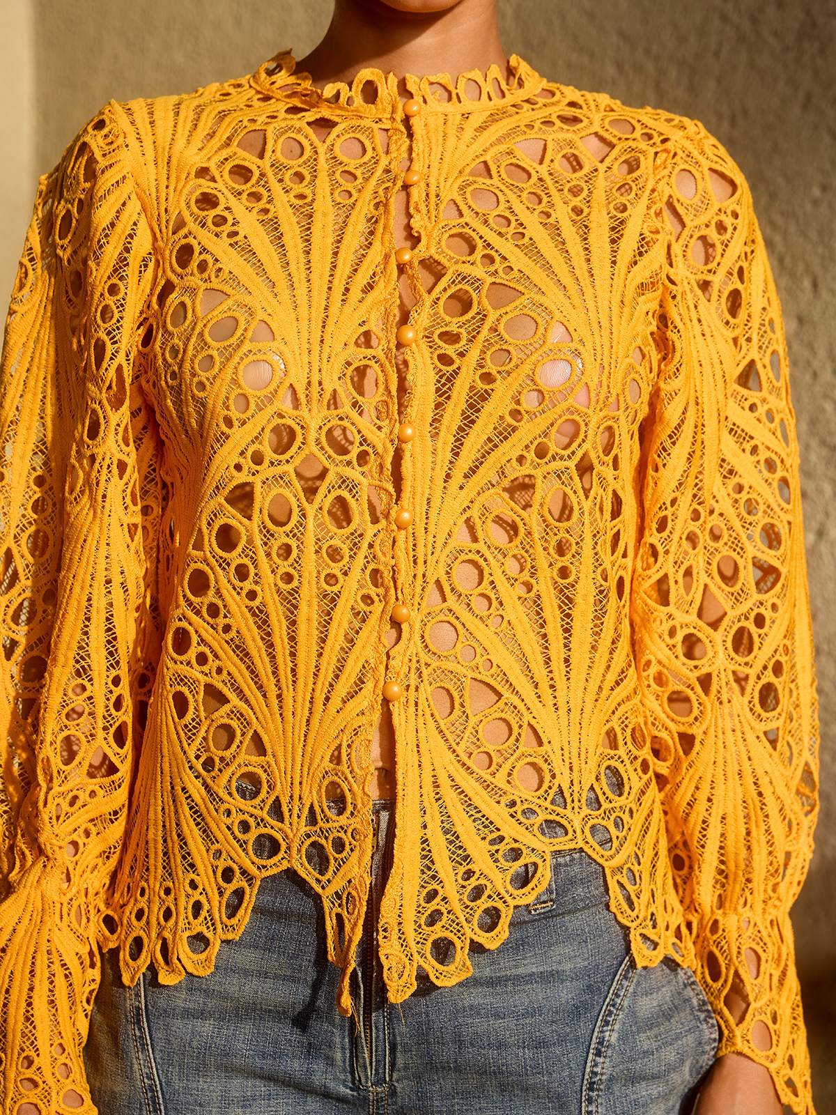 Lysendral Long Sleeve Crochet Top In Yellow