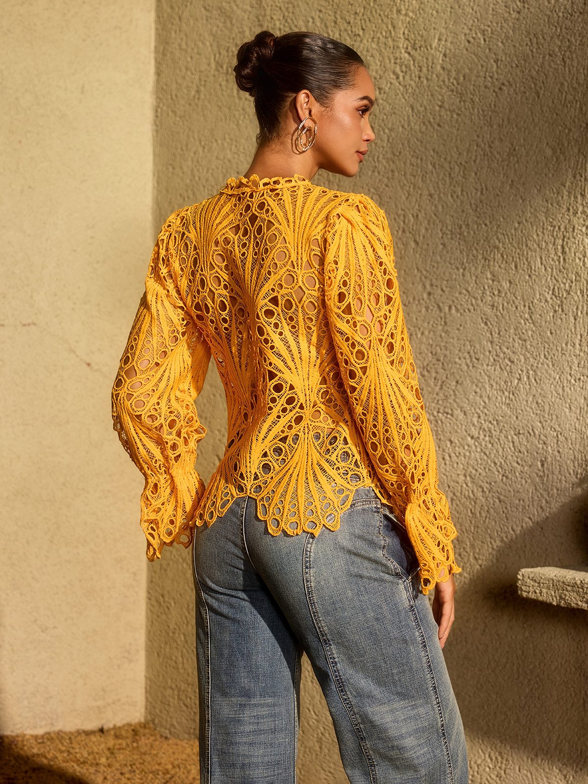 Lysendral Long Sleeve Crochet Top In Yellow