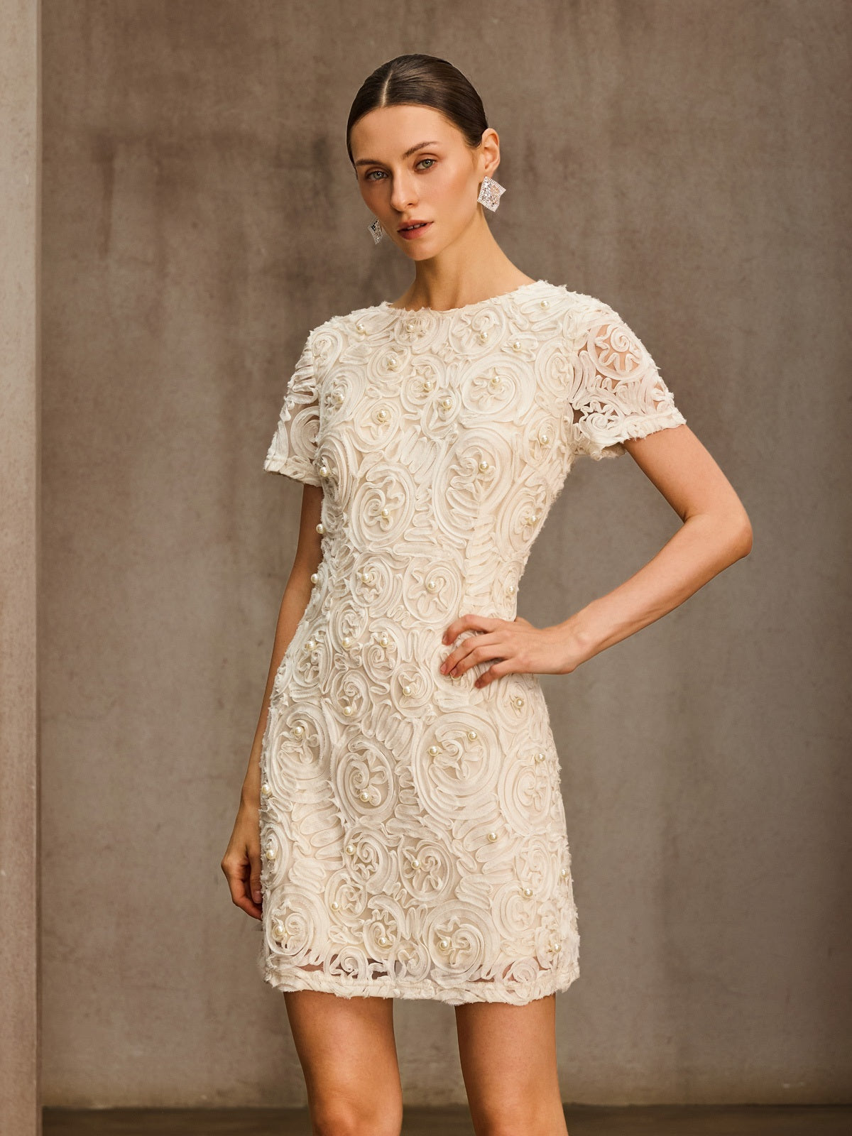 Lytheron Short Sleeve Pearl Floral Mini Dress
