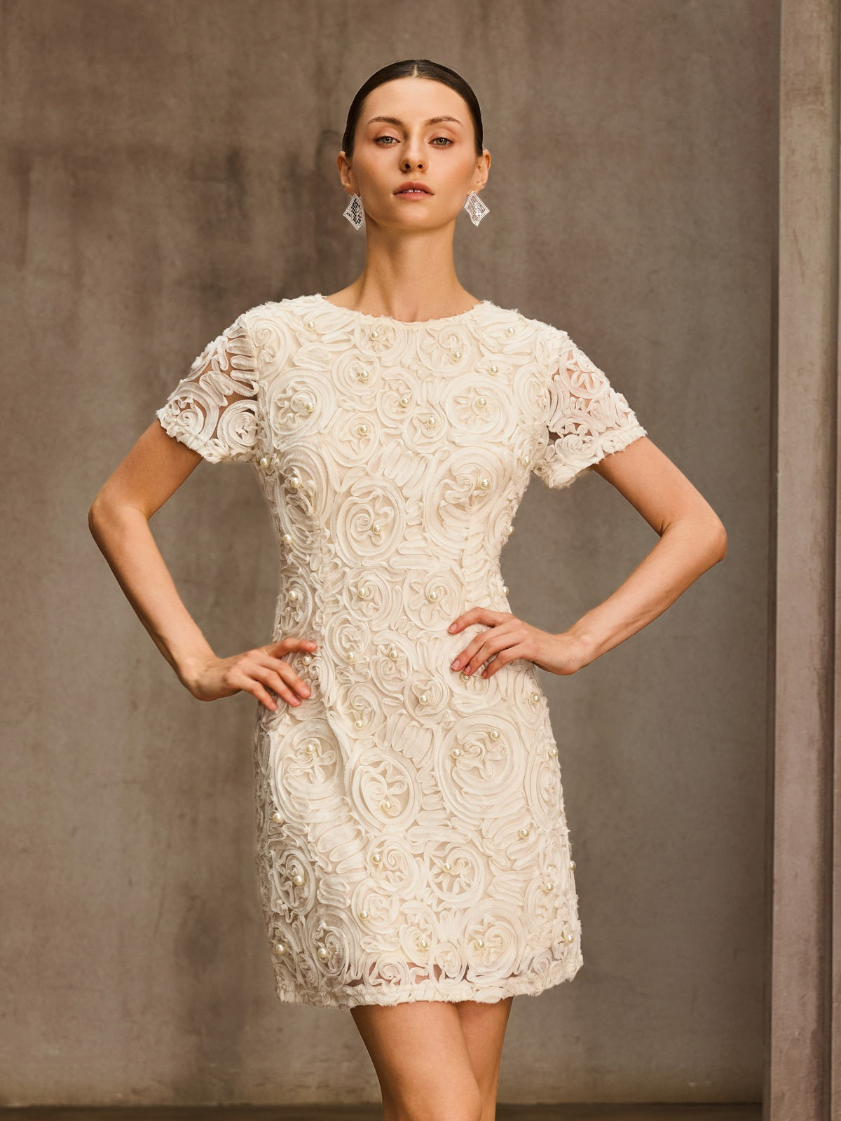 Lytheron Short Sleeve Pearl Floral Mini Dress