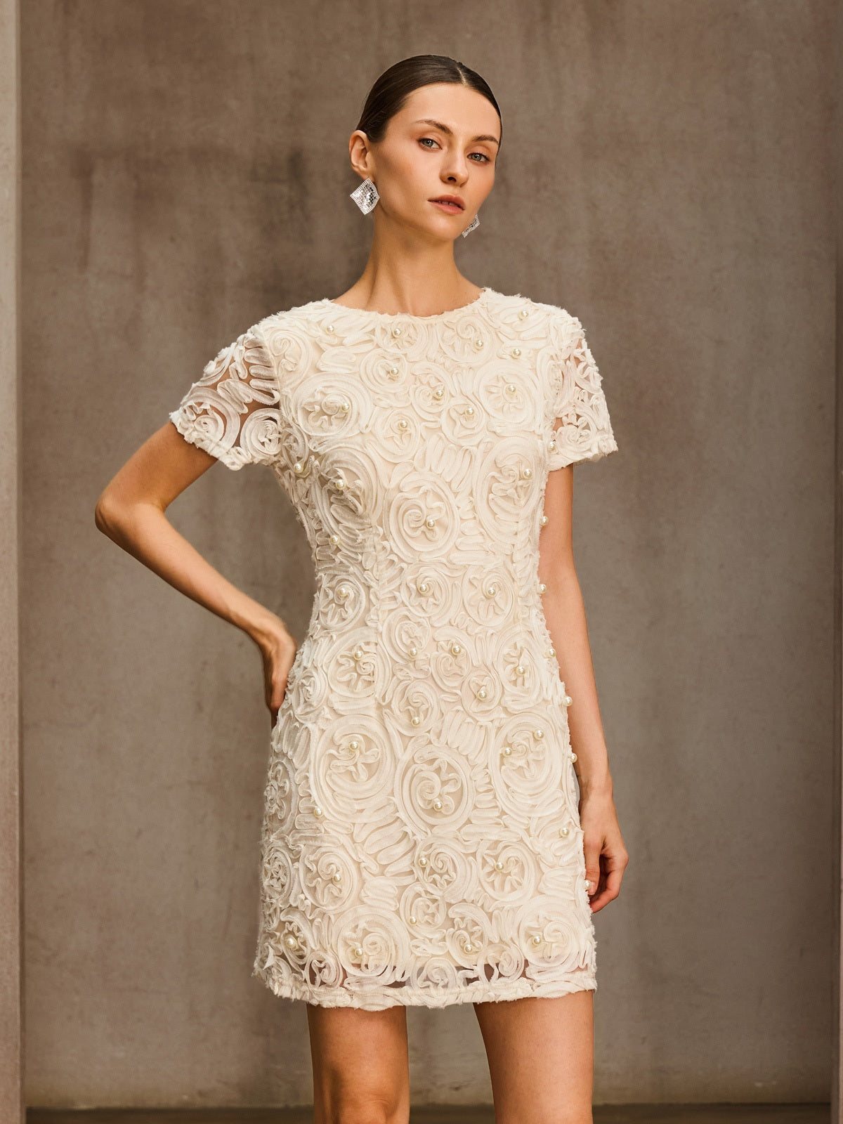 Lytheron Short Sleeve Pearl Floral Mini Dress