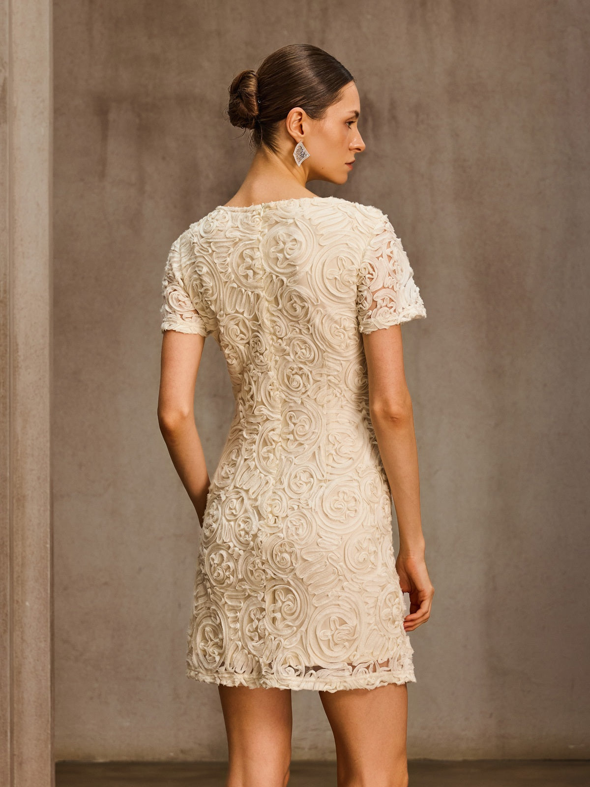 Lytheron Short Sleeve Pearl Floral Mini Dress