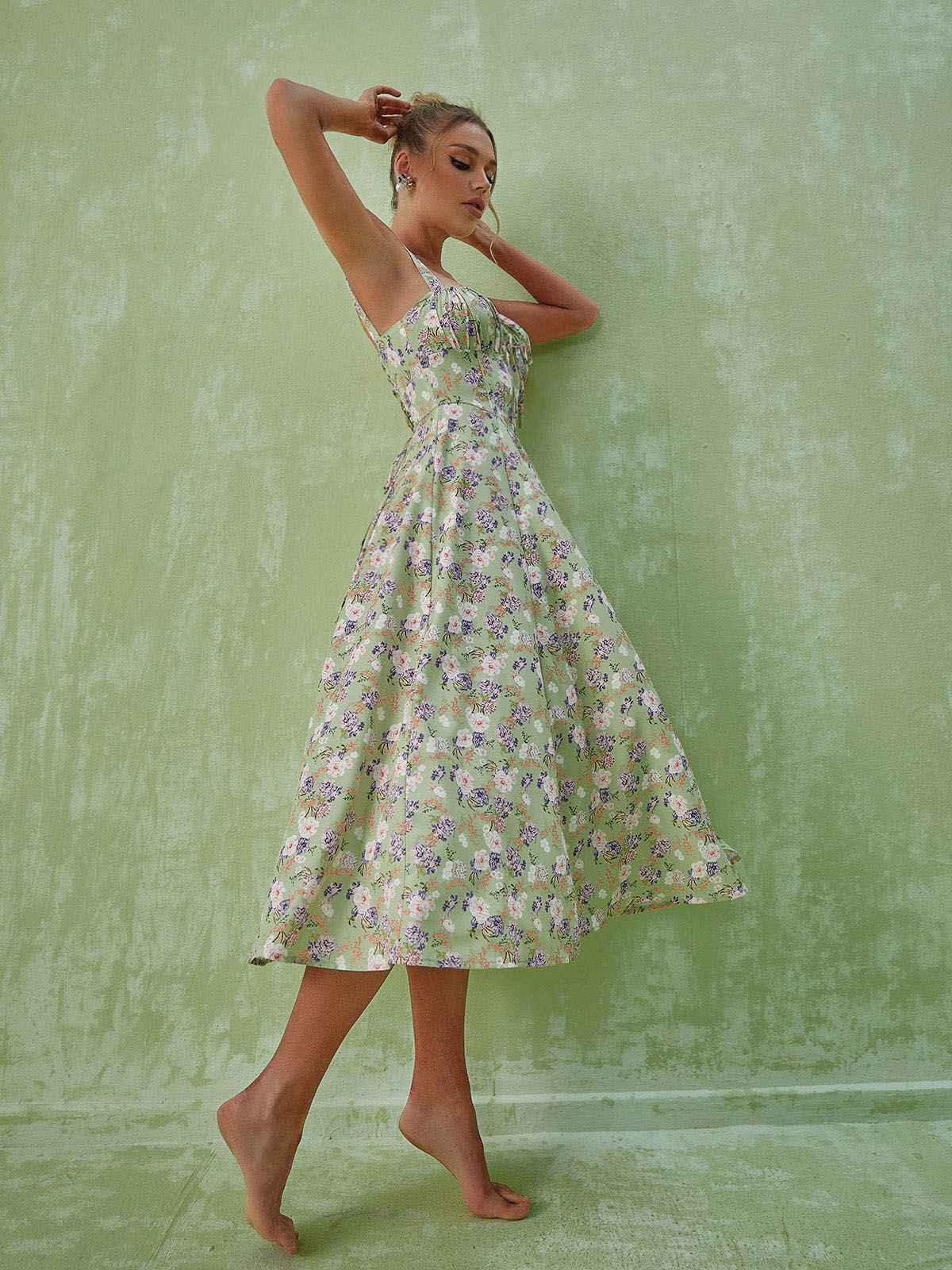 Maire Floral Split Midi Dress In Green