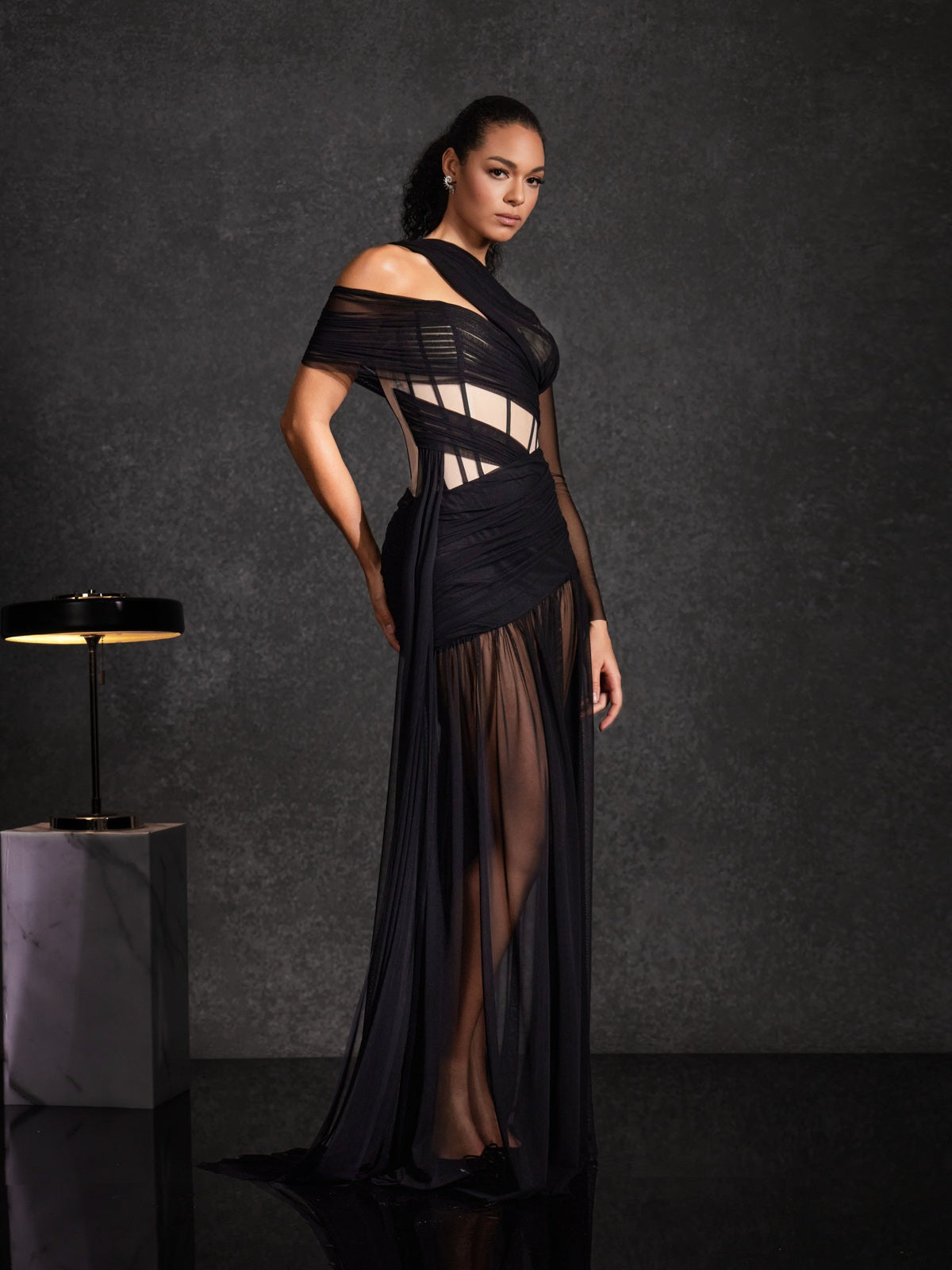 Malati Corset Cutout Mesh Maxi Dress In Black