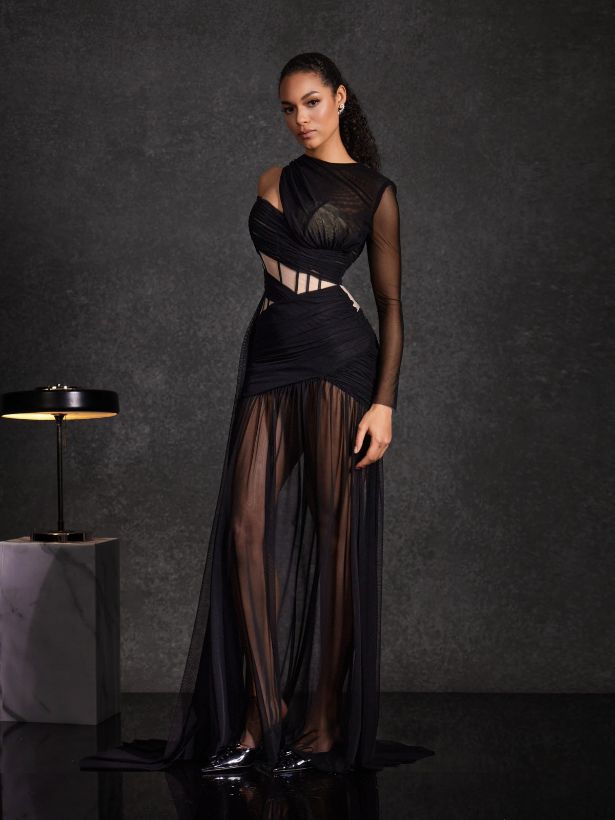 Malati Corset Cutout Mesh Maxi Dress In Black