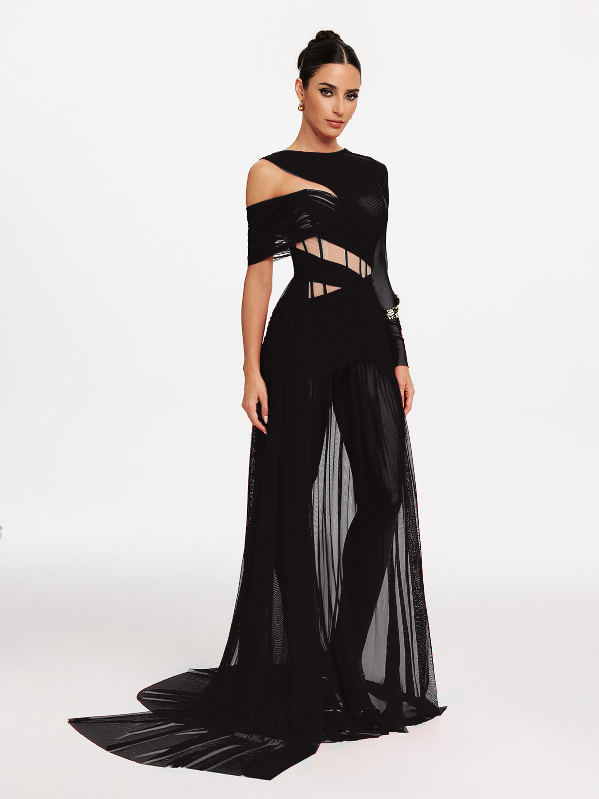 Malati Corset Cutout Mesh Maxi Dress In Black