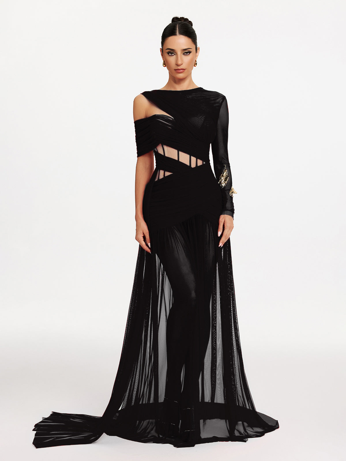 Malati Corset Cutout Mesh Maxi Dress In Black