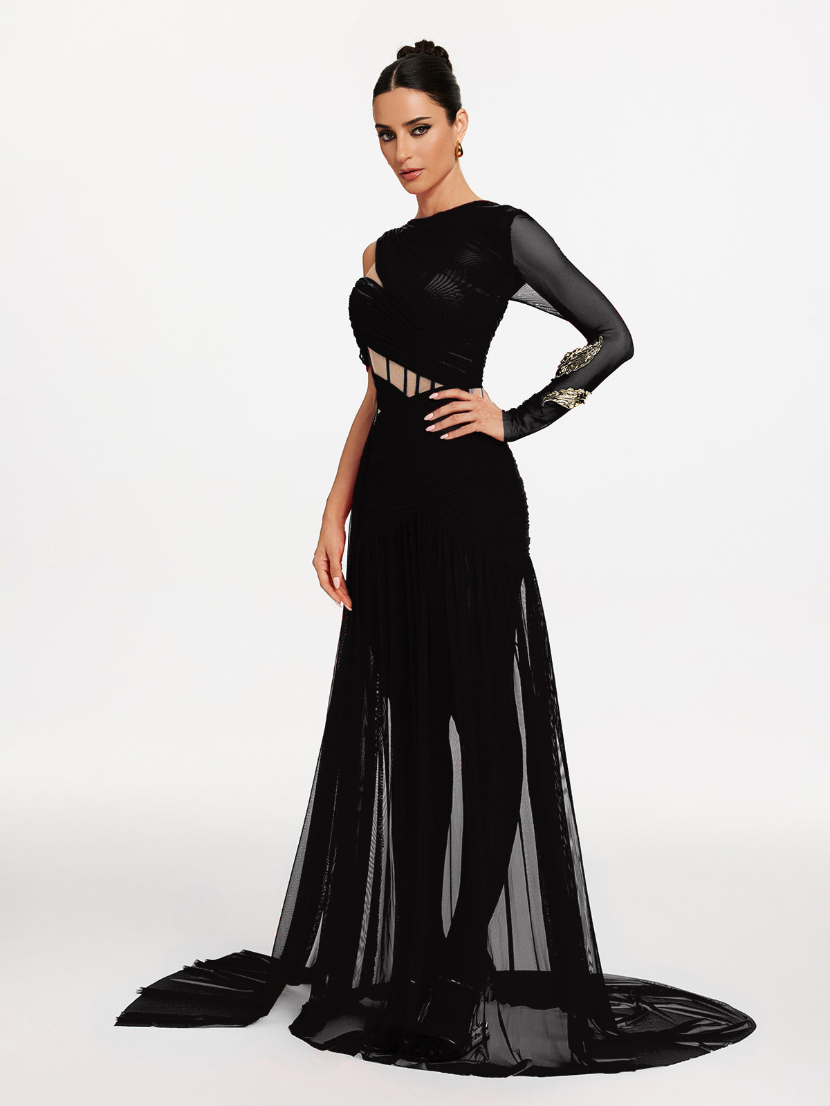 Malati Corset Cutout Mesh Maxi Dress In Black