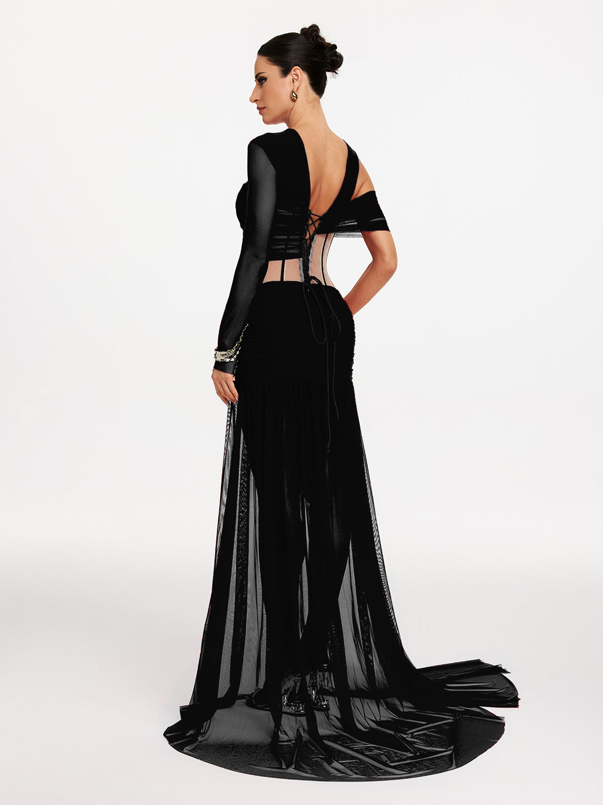 Malati Corset Cutout Mesh Maxi Dress In Black