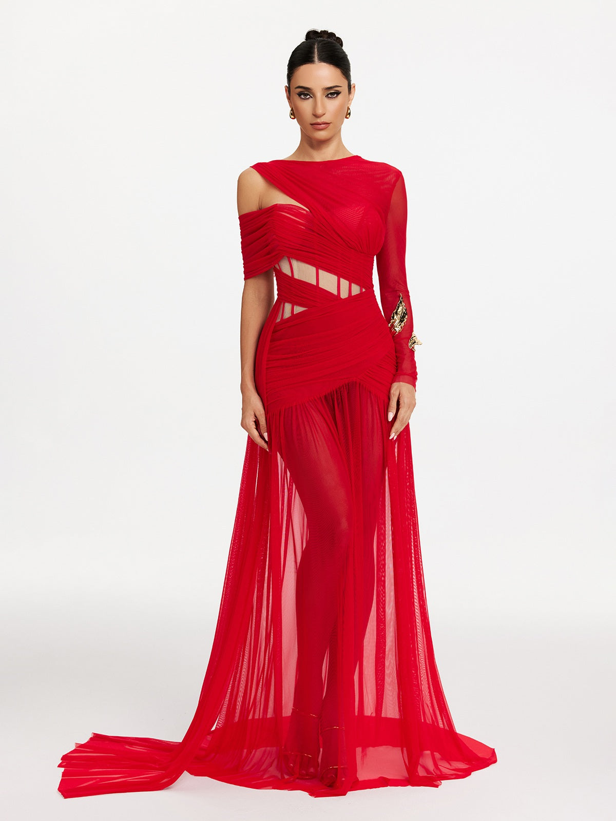 Malati Corset Cutout Mesh Maxi Dress In Red