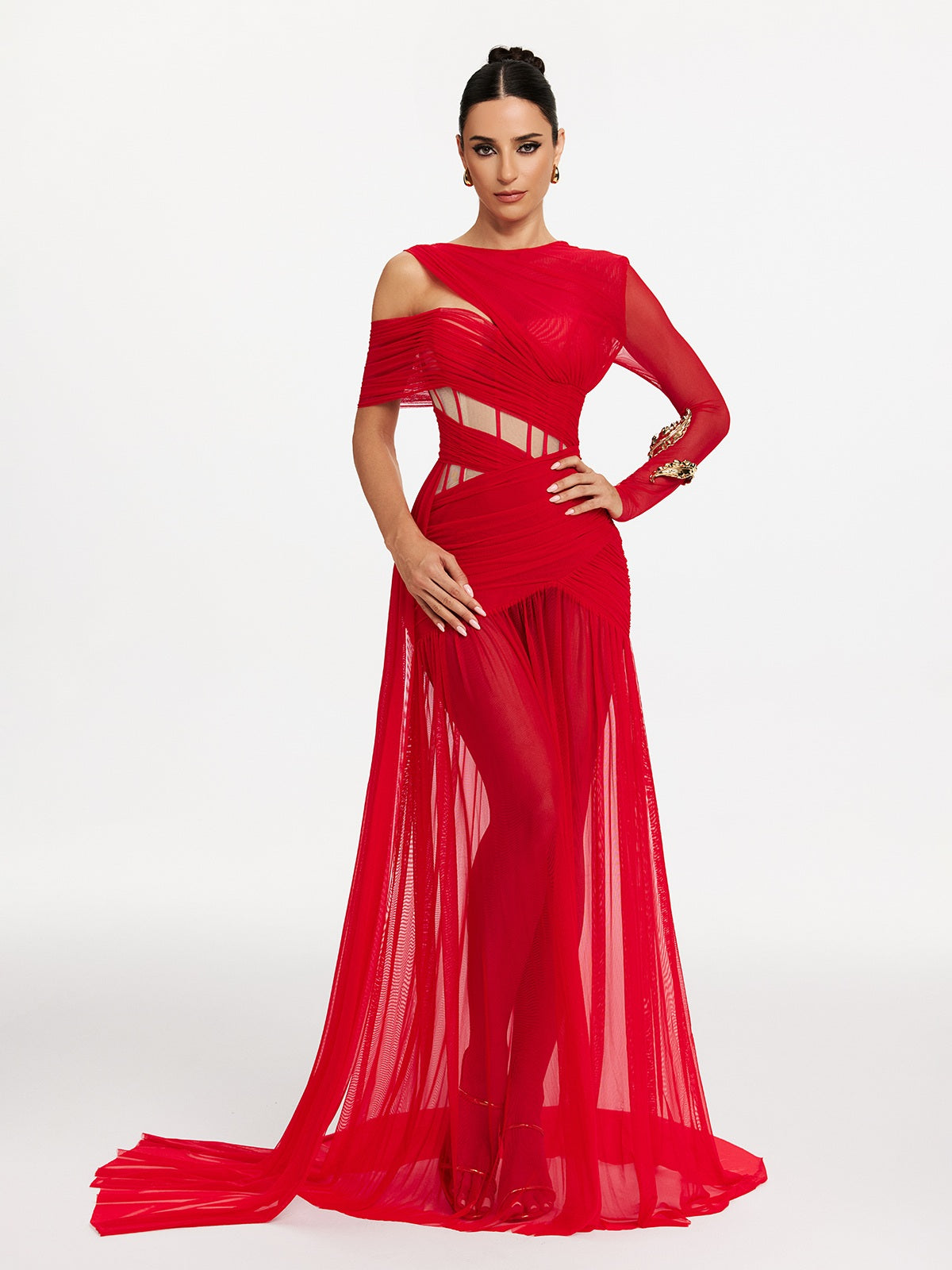Malati Corset Cutout Mesh Maxi Dress In Red
