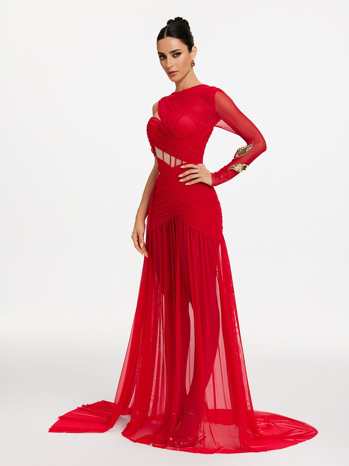 Malati Corset Cutout Mesh Maxi Dress In Red