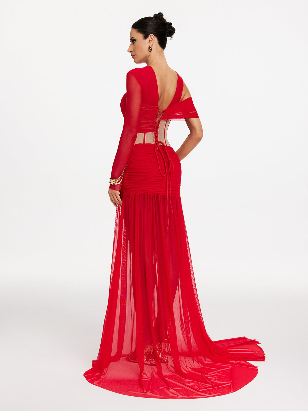 Malati Corset Cutout Mesh Maxi Dress In Red