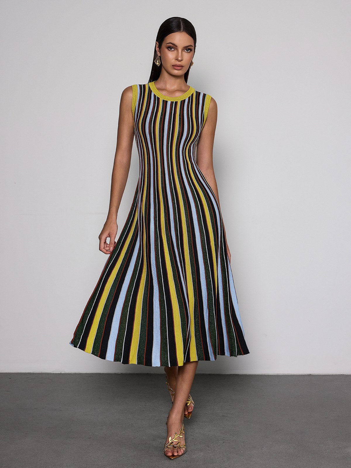 Malyxa Sleeveless Stripe Knit Midi Dress In Black