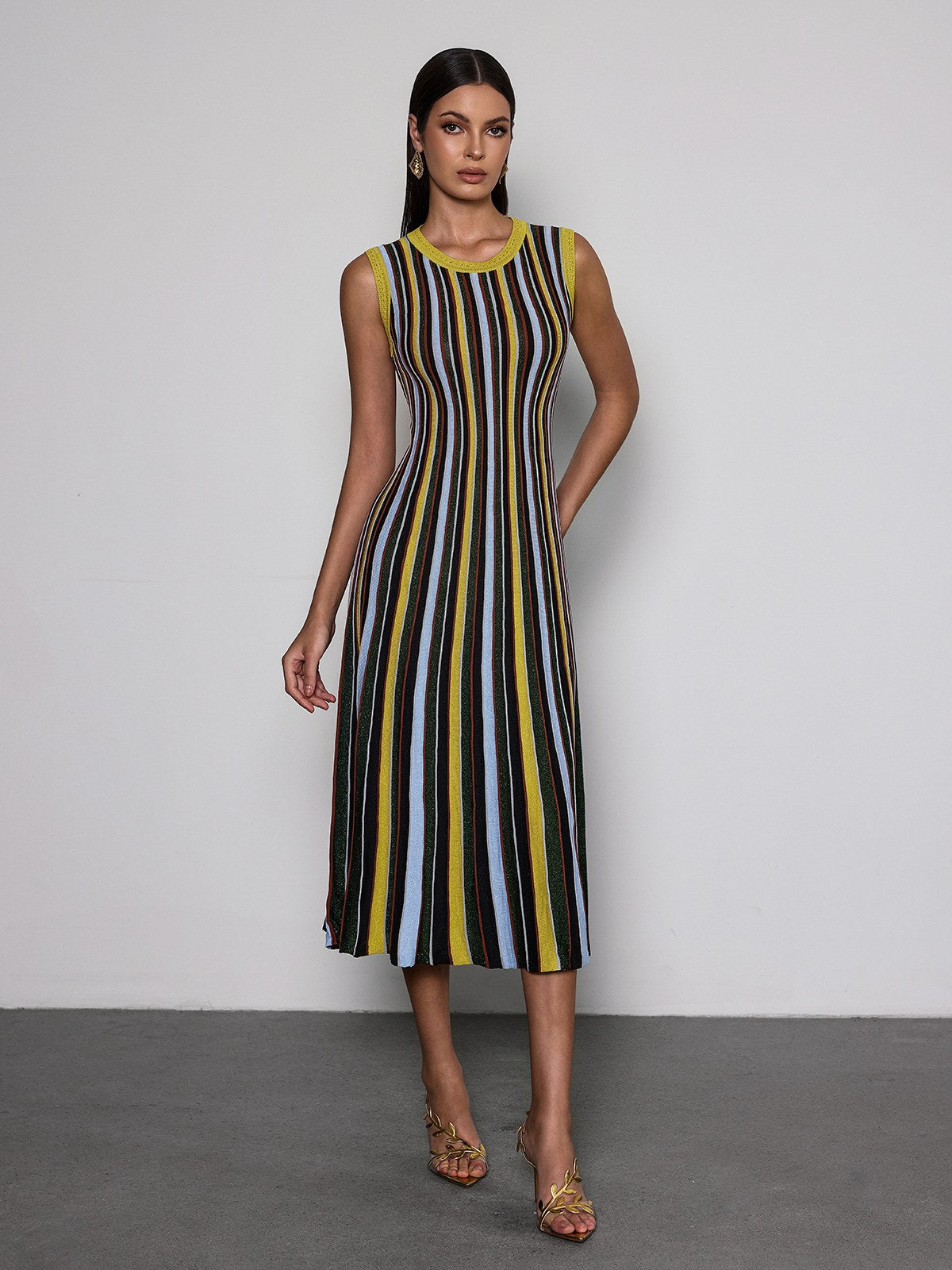 Malyxa Sleeveless Stripe Knit Midi Dress In Black