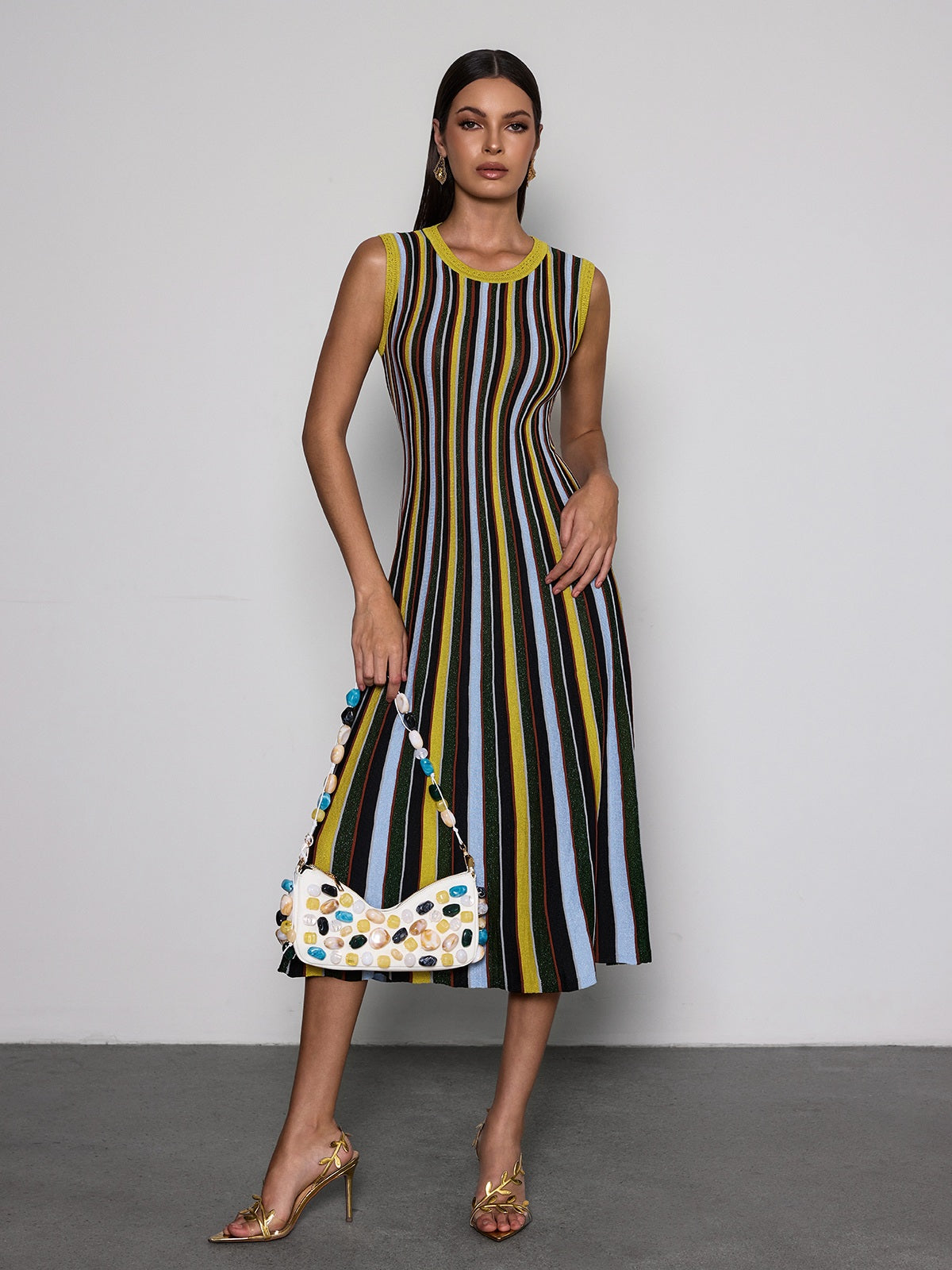 Malyxa Sleeveless Stripe Knit Midi Dress In Black