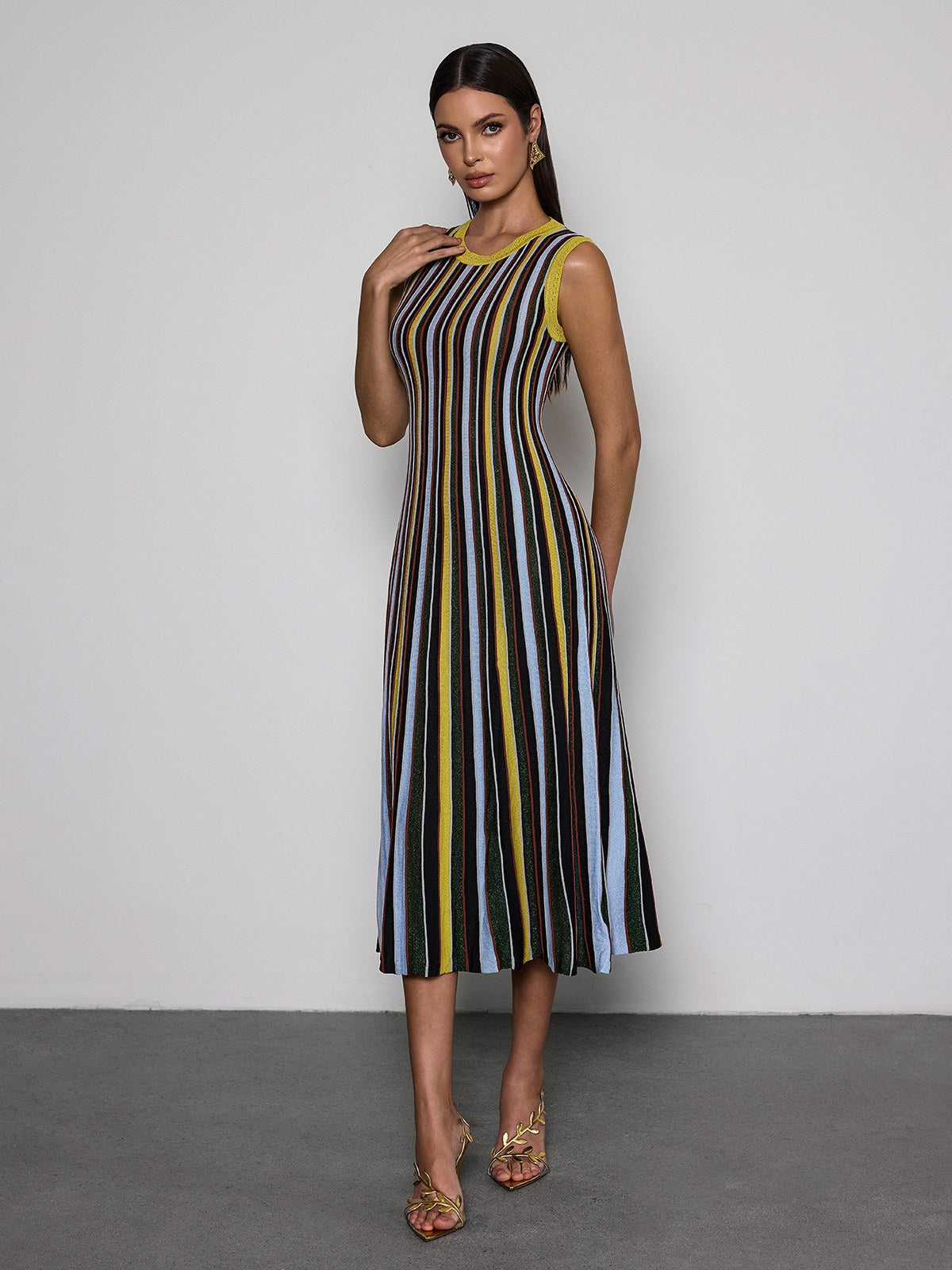 Malyxa Sleeveless Stripe Knit Midi Dress In Black
