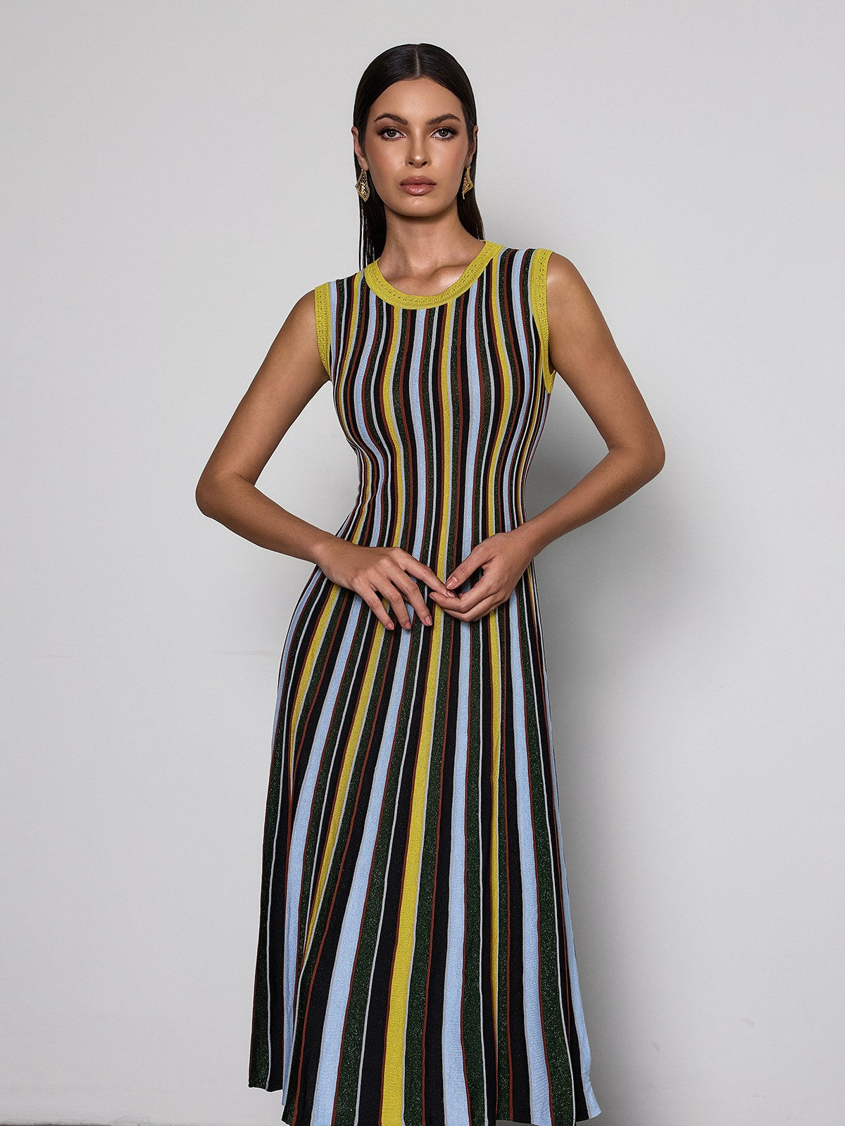 Malyxa Sleeveless Stripe Knit Midi Dress In Black