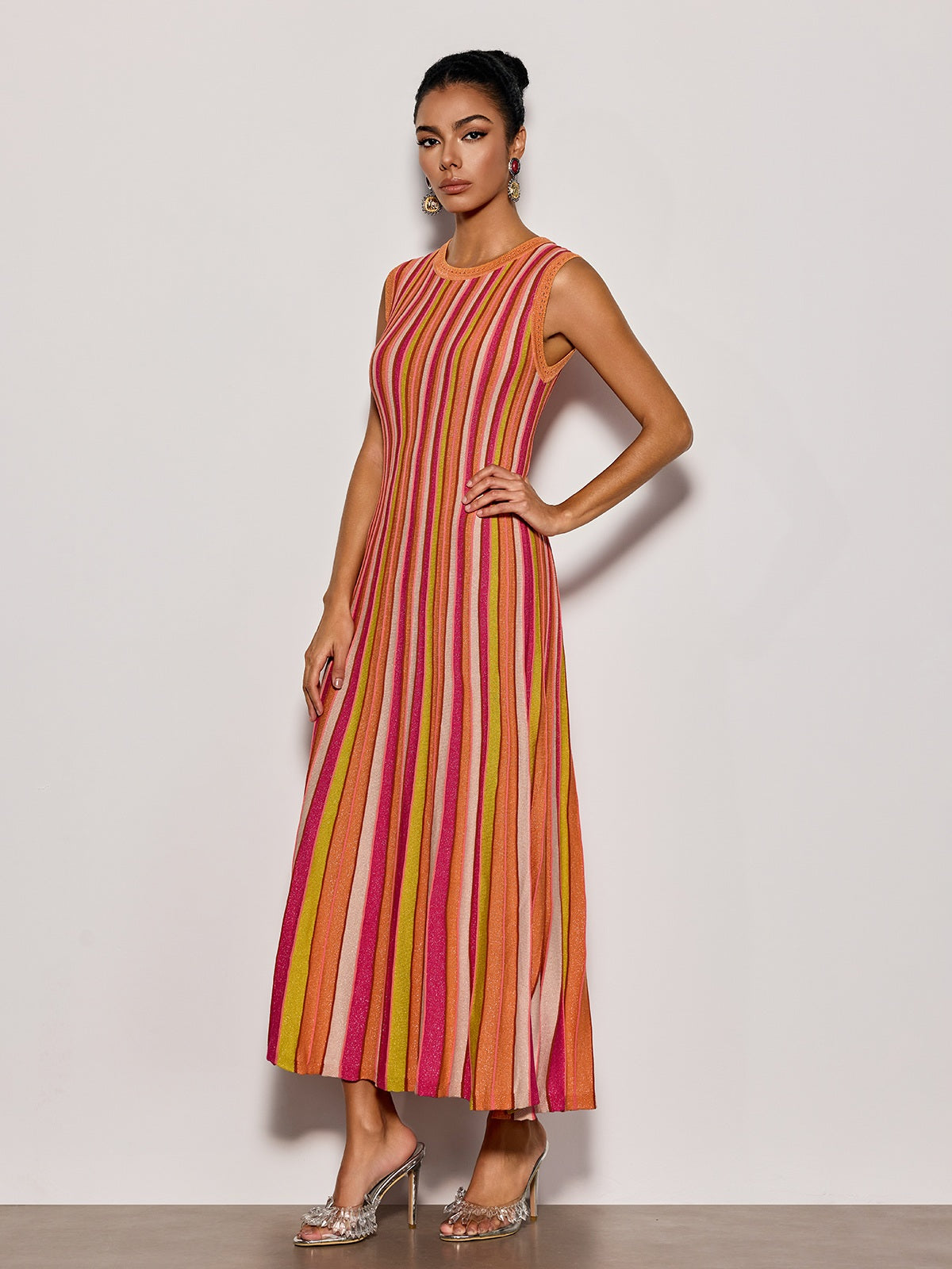 Malyxa Sleeveless Stripe Knit Midi Dress In Orange