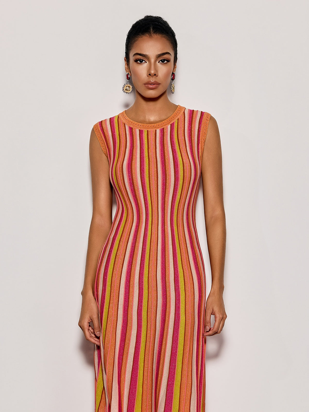 Malyxa Sleeveless Stripe Knit Midi Dress In Orange
