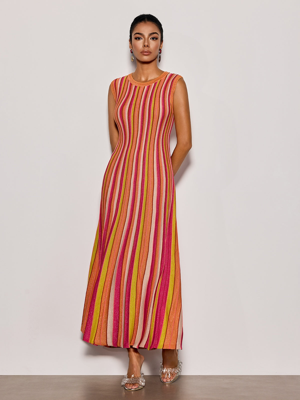 Malyxa Sleeveless Stripe Knit Midi Dress In Orange