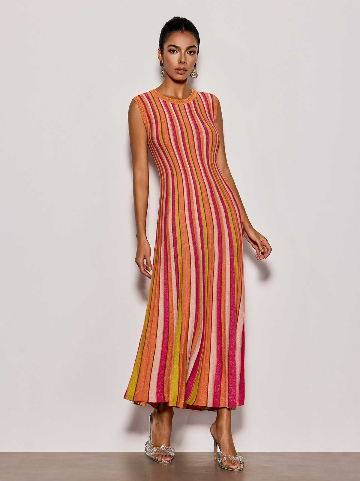 Malyxa Sleeveless Stripe Knit Midi Dress In Orange