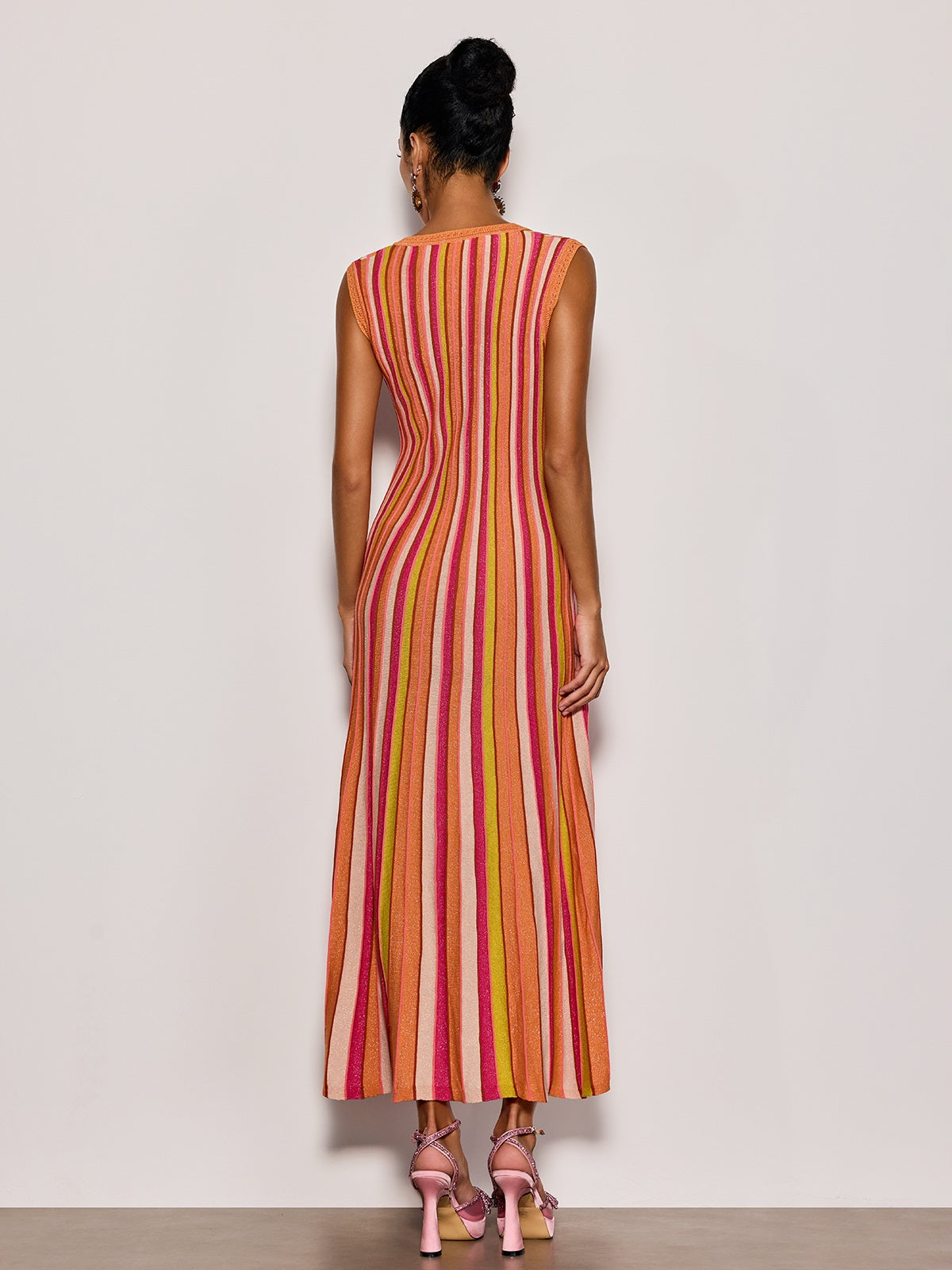 Malyxa Sleeveless Stripe Knit Midi Dress In Orange