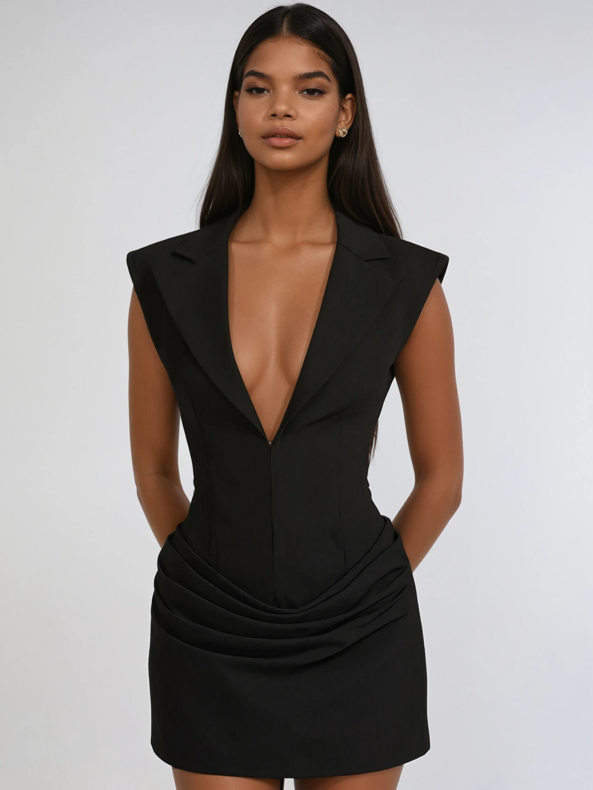Mapiya Plunge Neck Ruched Mini Dress In Black