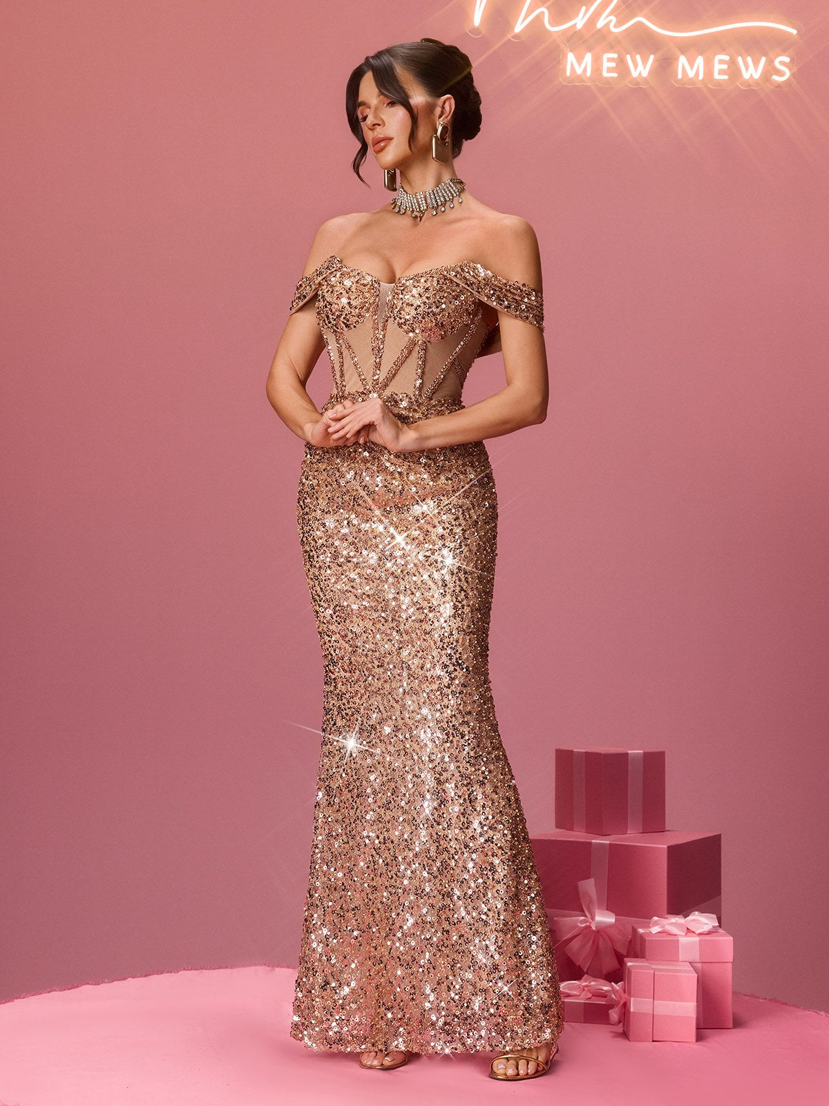 Mapmaker Off Shoulder Rhinestone Maxi Dress
