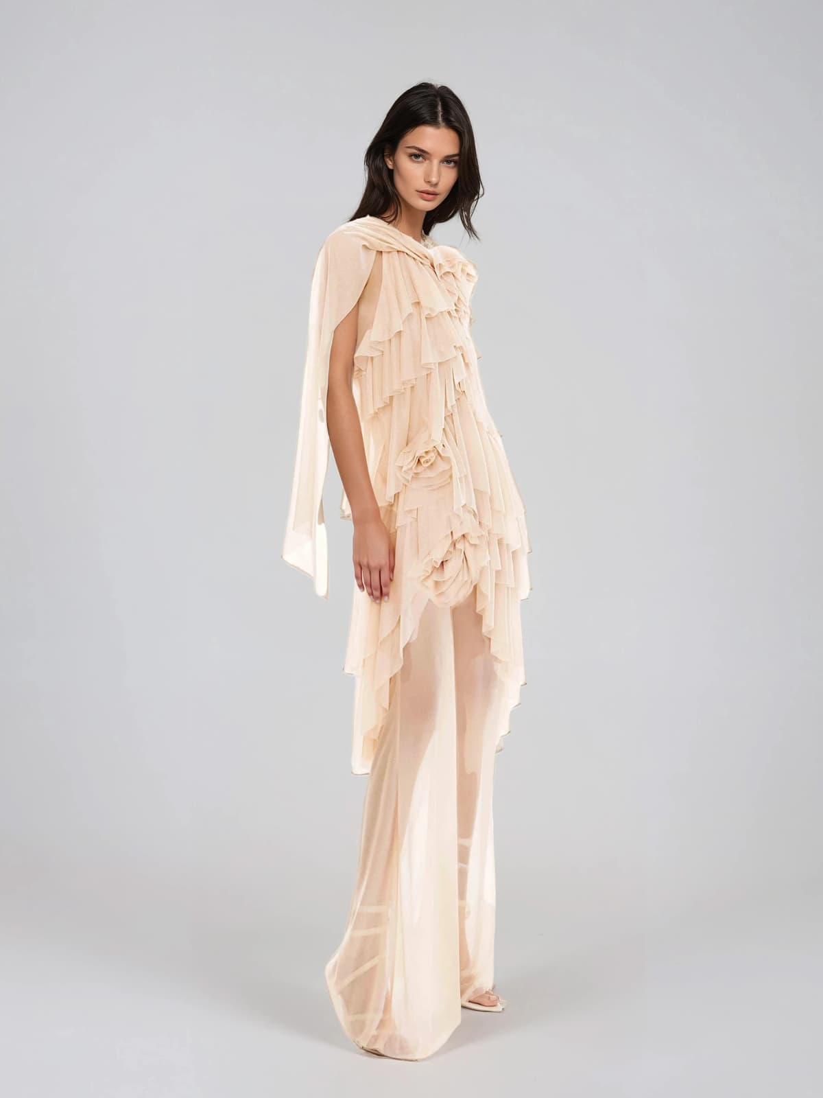 Marnix Flower Mesh Ruffle Maxi Dress
