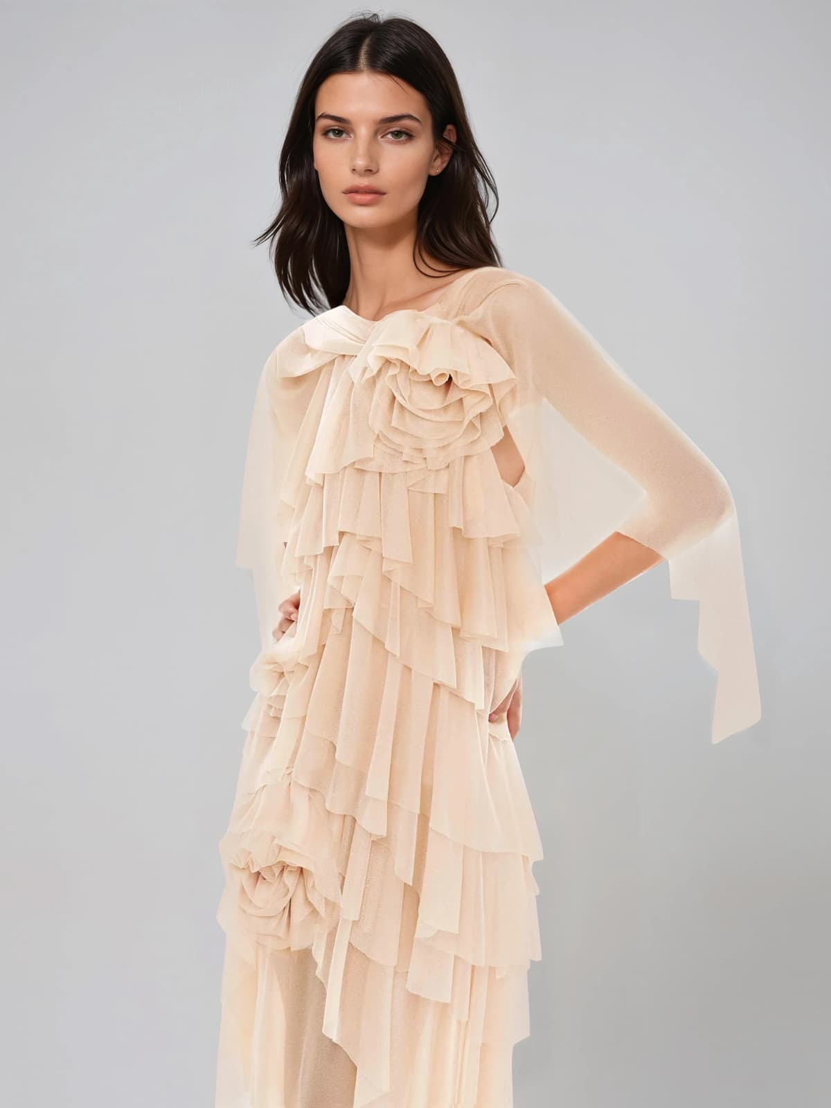 Marnix Flower Mesh Ruffle Maxi Dress