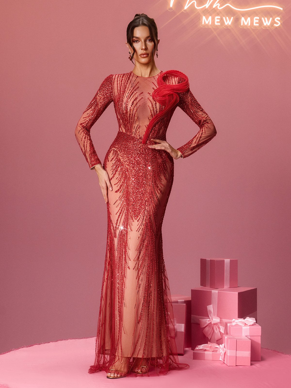Minkowska Long Sleeve Rhinestone Maxi Dress