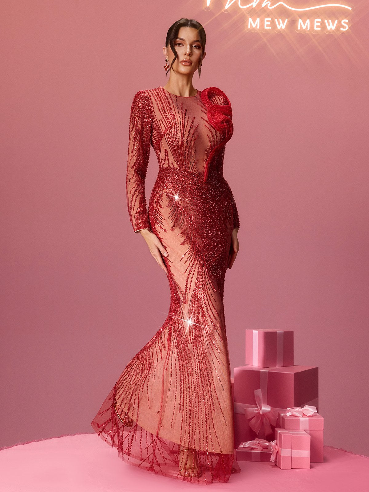 Minkowska Long Sleeve Rhinestone Maxi Dress