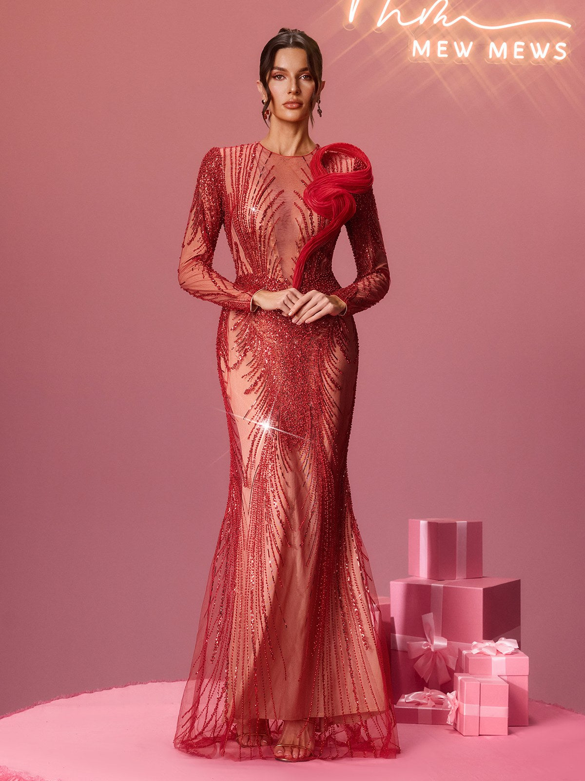 Minkowska Long Sleeve Rhinestone Maxi Dress