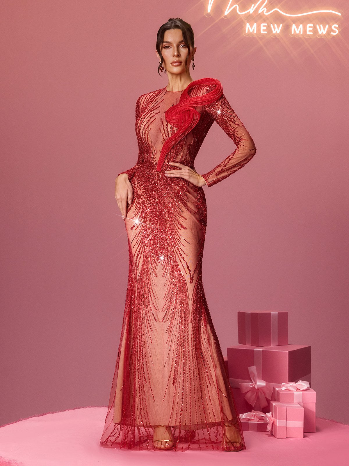 Minkowska Long Sleeve Rhinestone Maxi Dress