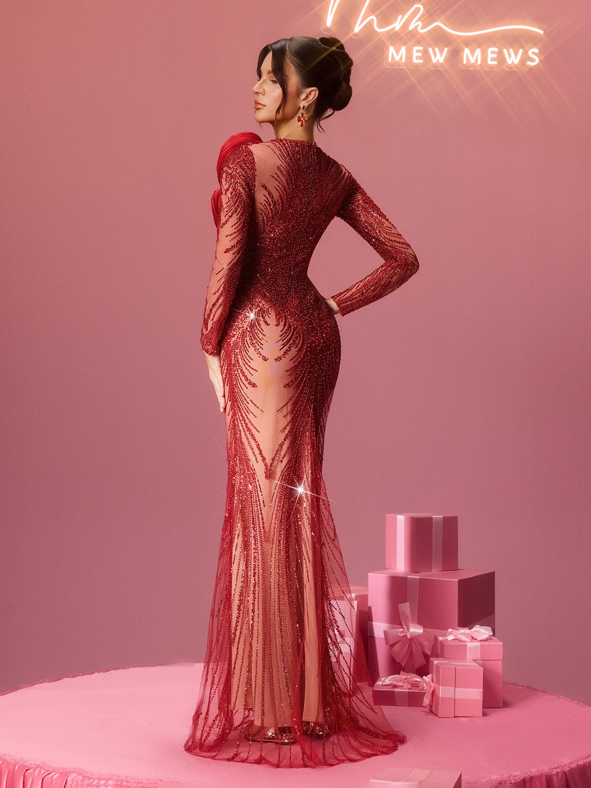 Minkowska Long Sleeve Rhinestone Maxi Dress